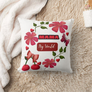 Coussin Maman Mignonne Design Floral Cerises Cœurs Monde