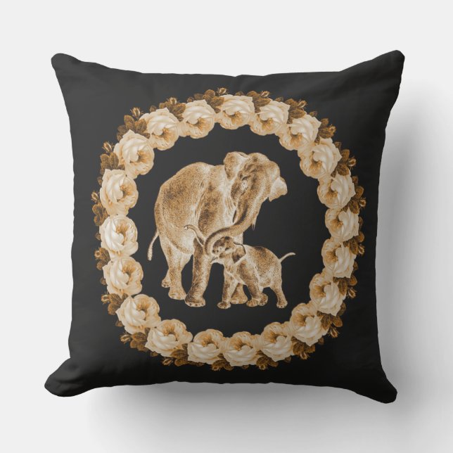 Coussin Maman, moi et roses à la crème et bronze (Recto)