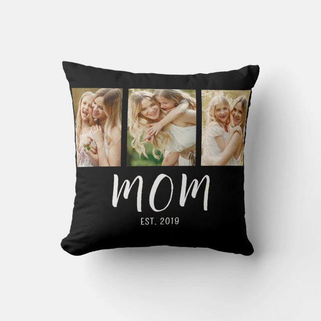 Coussin Maman Noir Blanc Script Élégant 3 Photo (Recto)