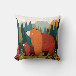 Coussin Maman Ourson et Montagne Paysage Faune Nurserie
