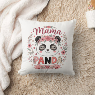 Coussin Maman Panda mignonne avec des fleurs roses et des
