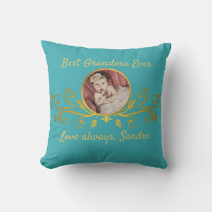 Coussin Mamie la plus mignonne photo Noir Or Turquoise Ble