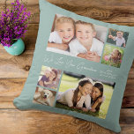 Coussin Mamie We Love You Photos Personnalized Green<br><div class="desc">Celebrate Grandma with this custom photo collage keepsake pillow with stylish white script and typographiy against a light sage green background. You can personalize with six family photos of grandchildren, family members, pets, etc., and personalize the expression to "I Love You" ou "We Love You" et whether she is called...</div>