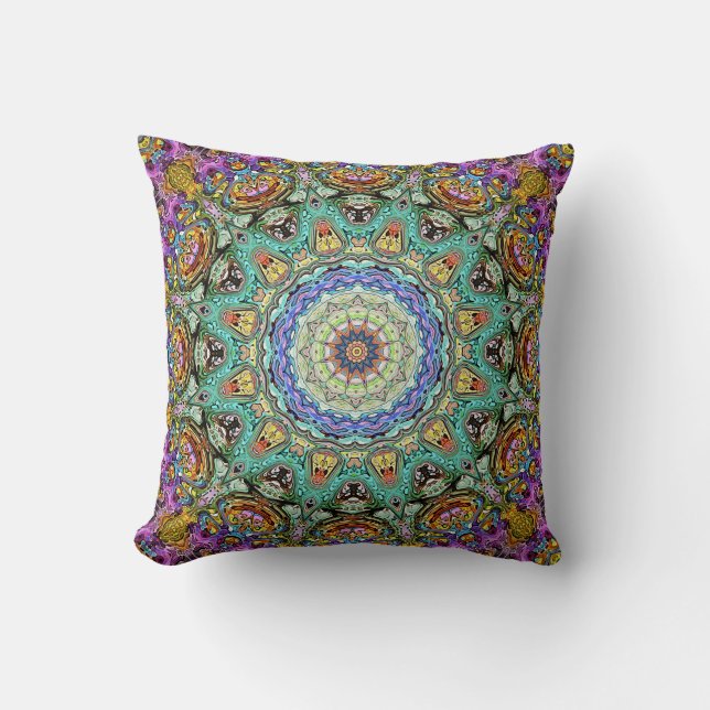 Coussin Mandala Abstrait Vert Et Violet (Recto)
