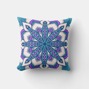 Coussin Mandala aux fleurs violettes turquoise