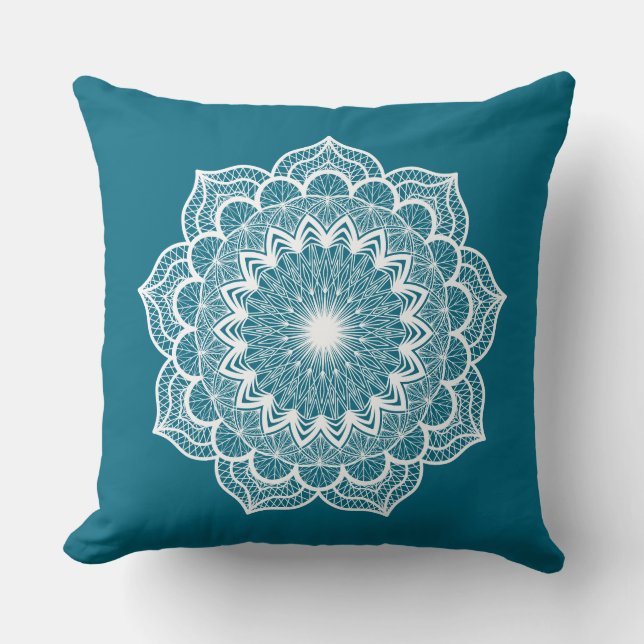 Coussin Mandala blanc sur fond bleu (Recto)