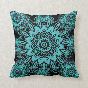 Coussin Mandala bleu et noir turquoise de flocon de neige