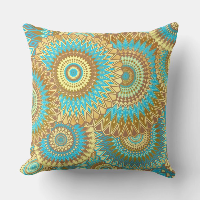 Coussin Mandala bleu marron or recouvrant (Recto)
