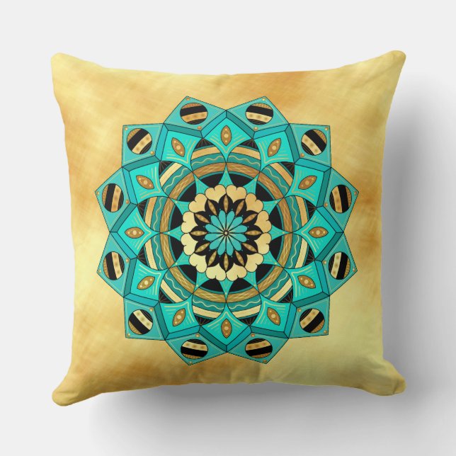 Coussin Mandala bleu or noir sur fond or doux (Verso)