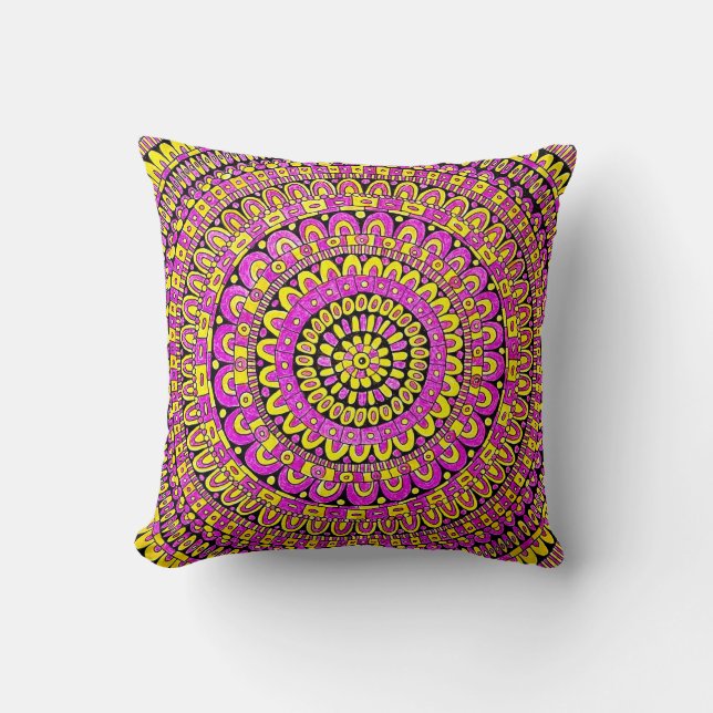 Coussin Mandala couleur jaune violet dessiné à la main (Recto)