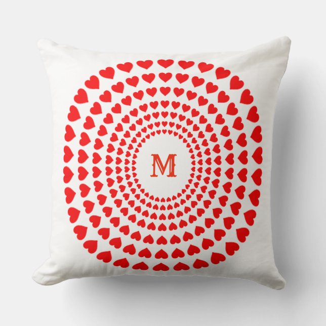 Coussin Mandala de cercles Cœur Rouge sur fond blanc (Recto)
