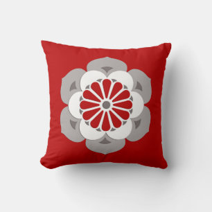 Coussin Mandala de fleur de lotus, rouge foncé, gris et bl