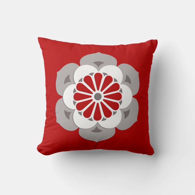 Coussin Mandala de fleur de lotus, rouge foncé, gris et bl (Recto)