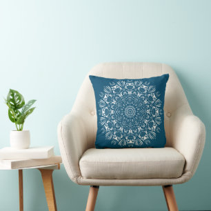 Coussin Mandala de hibou bleu et blanc