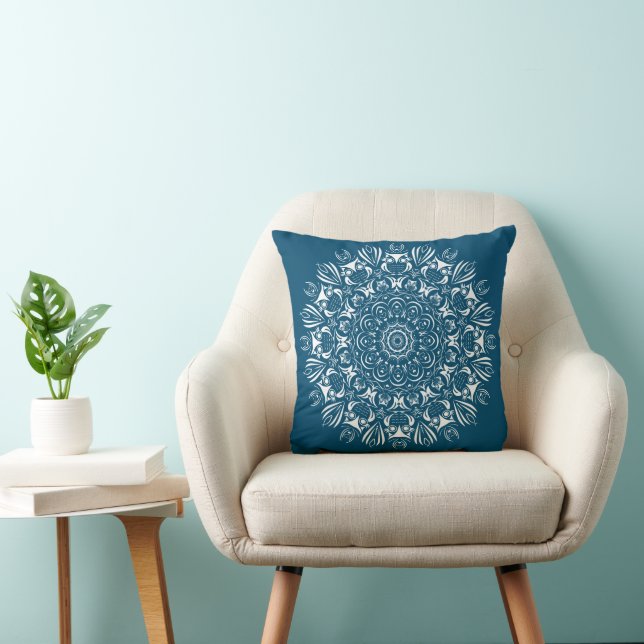 Coussin Mandala de hibou bleu et blanc (Chaise)