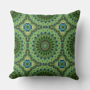 Coussin Mandala de plumes de paon Symétrie émeraude et ble