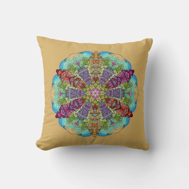 Coussin Mandala Design, Maisons VIctorian, Aqua/Tan (Recto)
