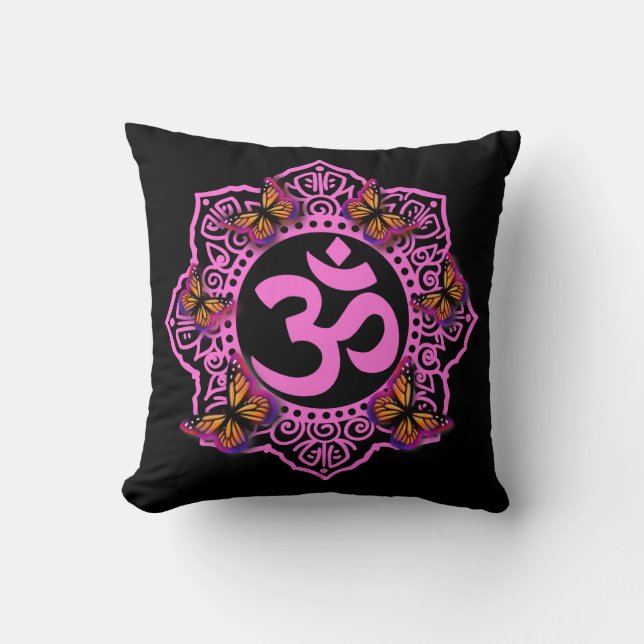 Coussin Mandala élégant rose ohm papillons rose violet (Recto)