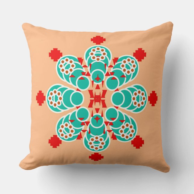 Coussin Mandala en huit points - turquoise et pêche (Recto)
