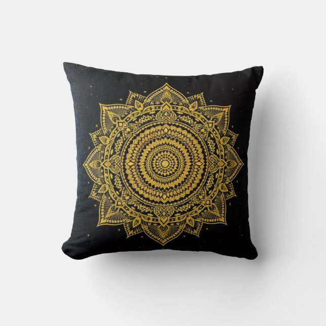 Coussin Mandala Étoile Dorée sur Fond Noir (Recto)