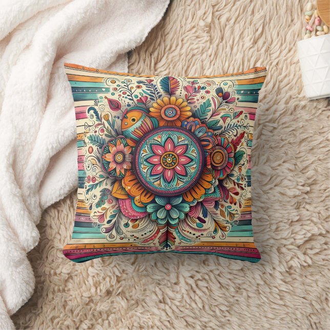 Coussin Mandala floral coloré avec des motifs complexes (Couverture)