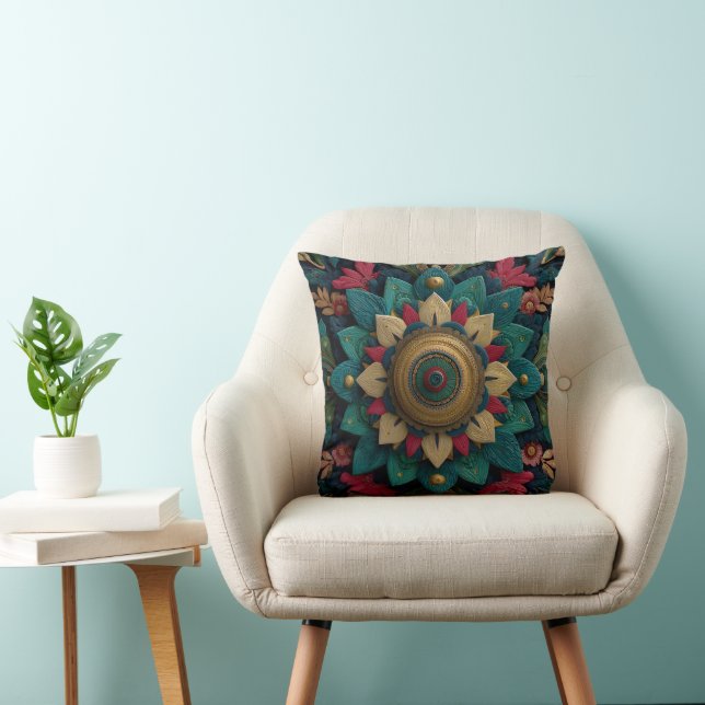 Coussin Mandala floral texturé complexe en sarcelle et or (Chaise)