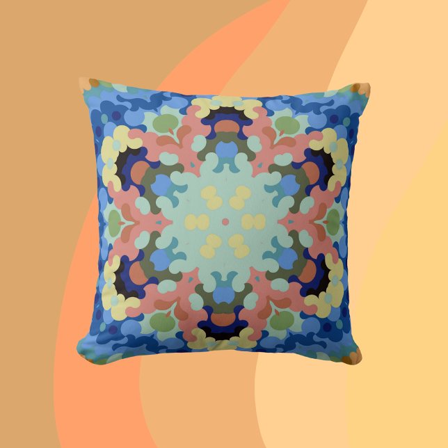 Coussin Mandala Flower bleu rose et jaune (Créateur téléchargé)
