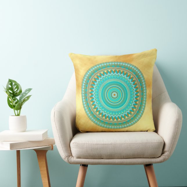 Coussin Mandala Iris bleu marron or sur fond or doux (Chaise)