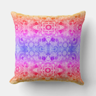 Coussin Mandala kaléidoscopique en bleu, jaune et rose