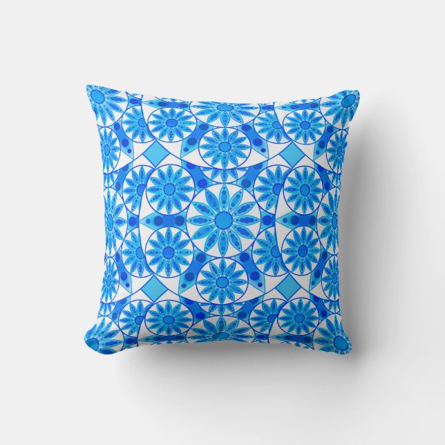 Coussin Mandala motif, cobalt, turquoise et blanche (Recto)