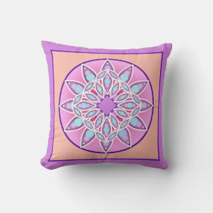 Coussin Mandala motif en lavande, orchidée et corail