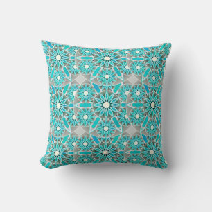 Coussin Mandala motif, turquoise, gris argenté et blanc
