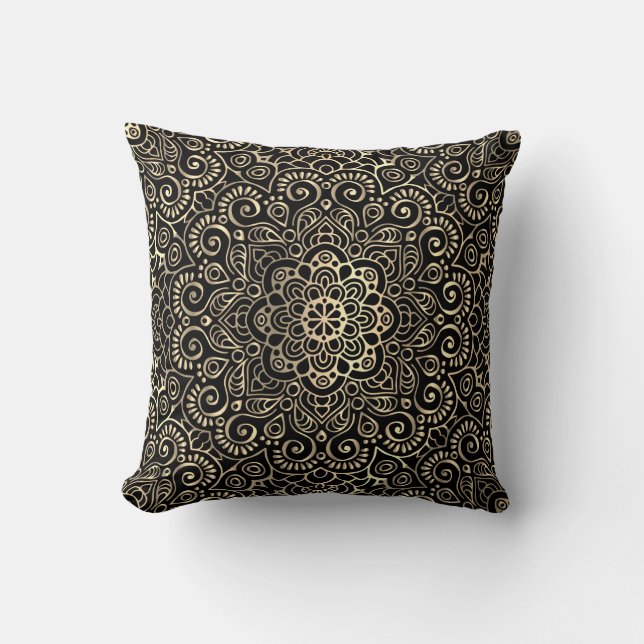 Coussin Mandala noir élégant et stylé doré (Recto)