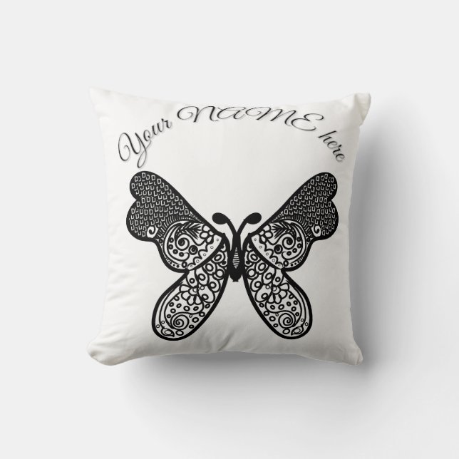 Coussin Mandala papillon boho complexe noir et blanc A (Recto)