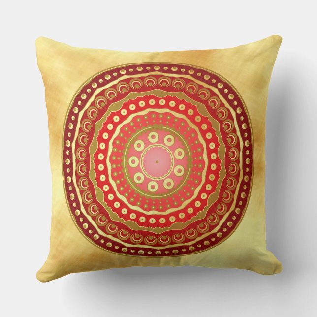 Coussin Mandala points rouges et or sur fond doré clair (Verso)