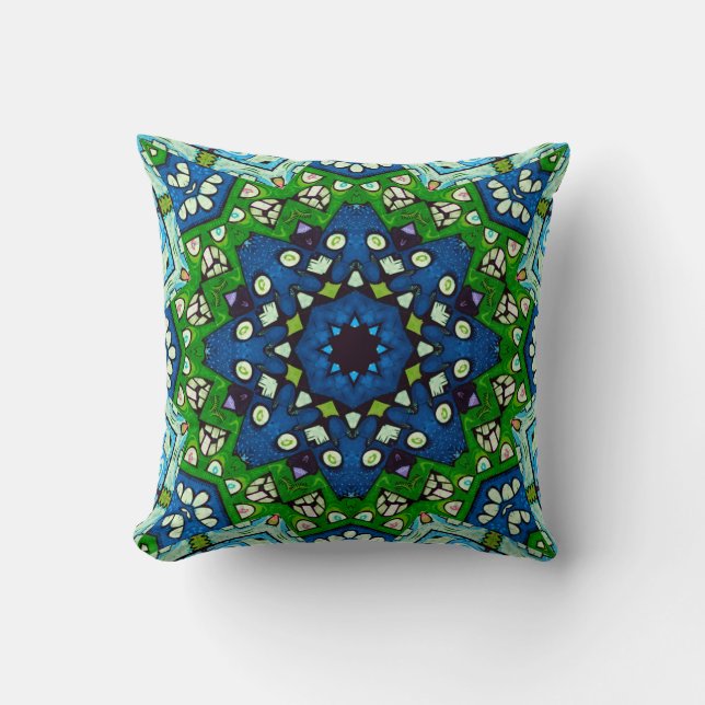 Coussin Mandala Retro Mosaic Vert Motif bleu (Recto)