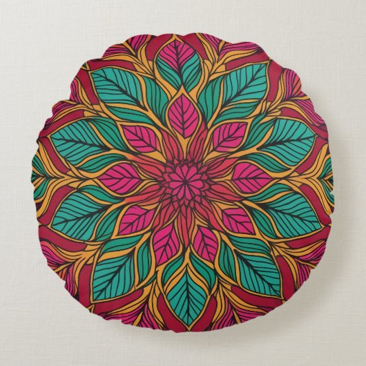 Coussin Mandala Rouge et Vert Bohème (Devant)
