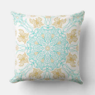 Coussin Mandala turquoise et or avec papillon