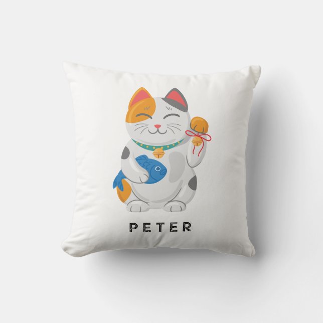 Coussin Maneki Neko White Chat, symbole de bonne chance (Recto)