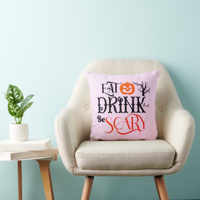 Coussin Manger, Boire et être Effrayant Rose Clair Hallowe (Chaise)
