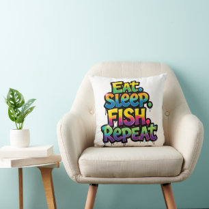 Coussin Manger Dormir Pêcher Répéter Arc-en-ciel Graffiti