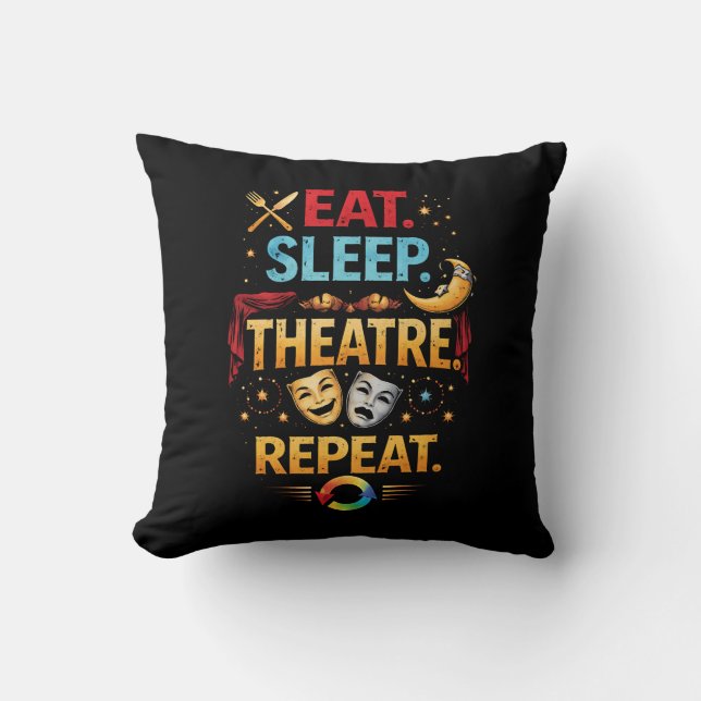 Coussin Manger, Dormir, Théâtre, Répéter (Recto)