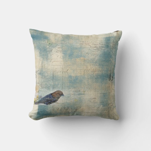 Coussin Manuscrit bleu vintage français d'oiseau (Recto)