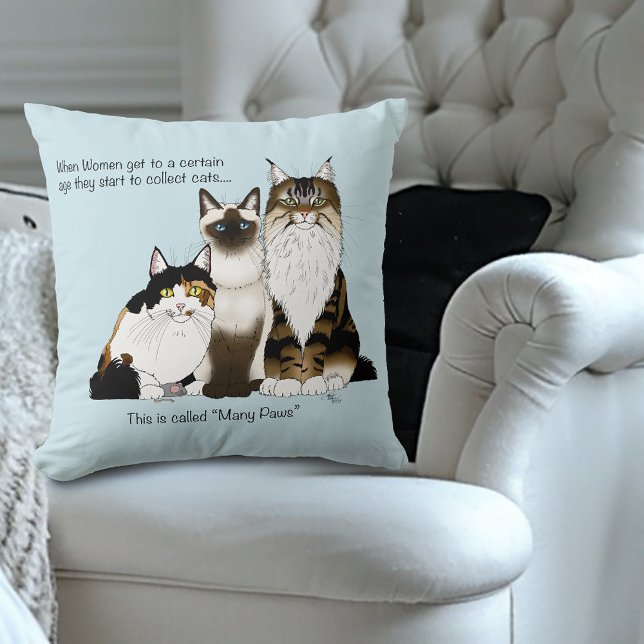 Coussin Many Paws Drôle Humour Ménopause Chat Dame Bleu (Créateur téléchargé)