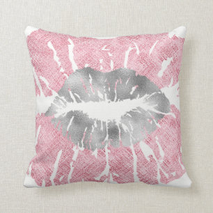Coussin Maquillage blanc rose de lèvres de baiser de