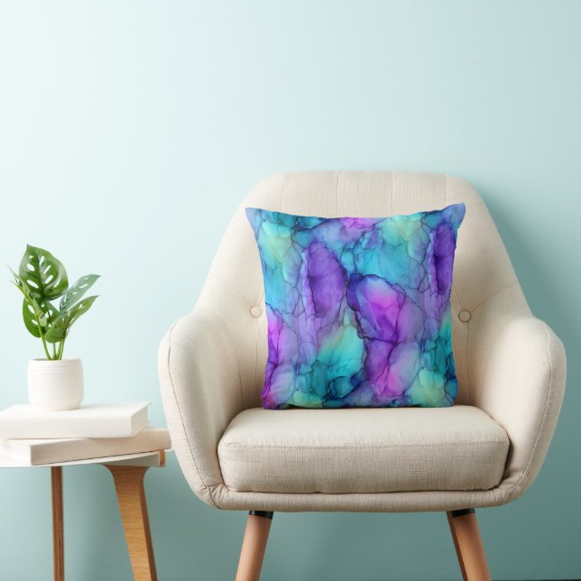Coussin Marbre à l'aquarelle bleu sarcelle et violet (Chaise)