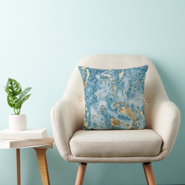 Coussin Marbre Abstrait Luxueux Bleu et Or (Chaise)