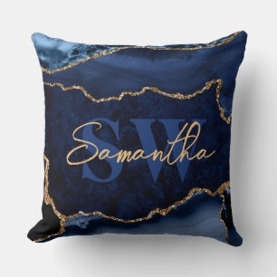 Coussin Marbre Agate Pailleté Bleu Élégant et Faux Or