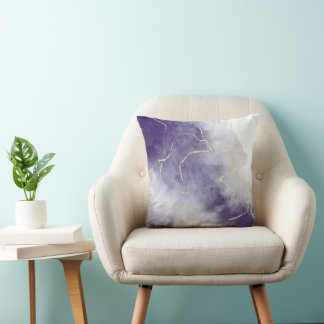 Coussin Marbre aquarelle violet feuille d'or abstrait luxe