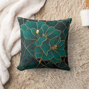 Coussin Marbre Art Déco Mosaïque Floral Émeraude Vert & Or